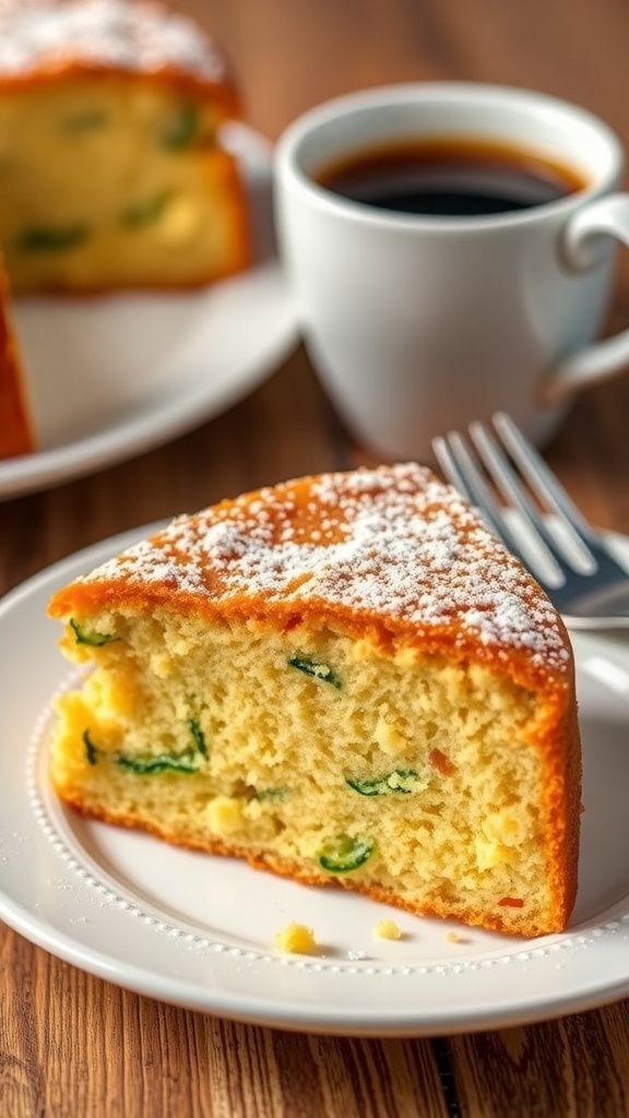 A slice of zucchini cake dusted with powdered sugar on a plate with a fork and coffee.